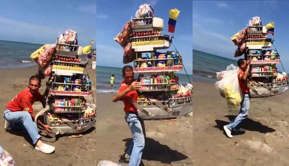 Una usuaria de Facebook captó a este original vendedor ambulante en una playa de Colombia. El video se hizo viral entre los usarios de las redes sociales por la ingeniosa idea. (Foto: Captura)