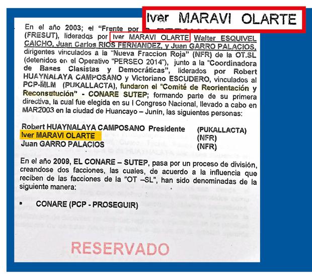 Documento de Inteligencia que obra en el Mininter describe cómo se creó el Conare en 2003. Iber Maraví, a los 42 años, fue uno de los fundadores junto al radical Robert Huaynalaya. Catorce años después, Pedro Castillo asumió la presidencia de esta facción del Movadef.