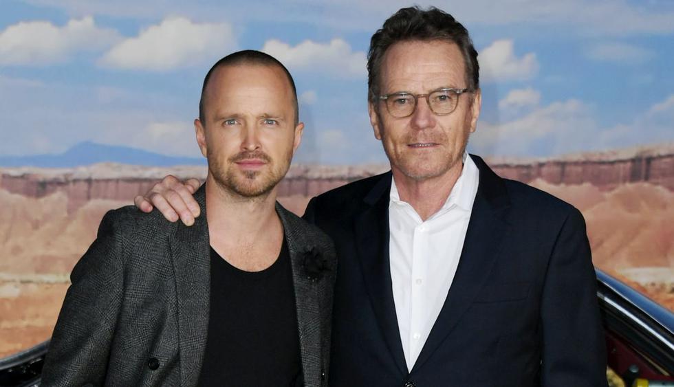 WESTWOOD, CALIFORNIA - OCTOBER 07: Aaron Paul and Bryan Cranston attend the premiere of Netflix's "El Camino: A Breaking Bad Movie" at Regency Village Theatre on October 07, 2019 in Westwood, California.   Jon Kopaloff/Getty Images/AFP