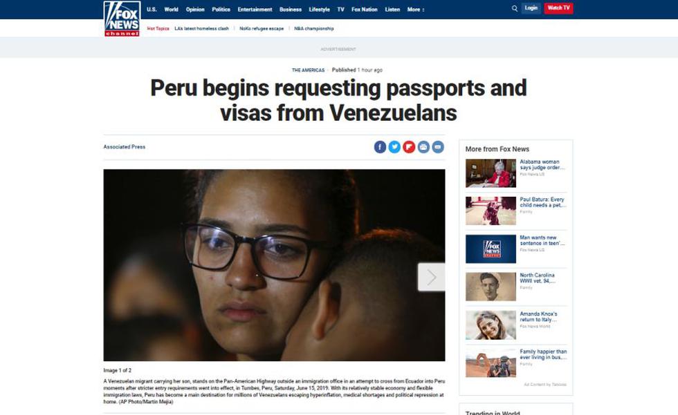 Así informa el medio estadounidense Fox News sobre la exigencia de visa y pasaporte a los venezolanos en el Perú. (Captura)