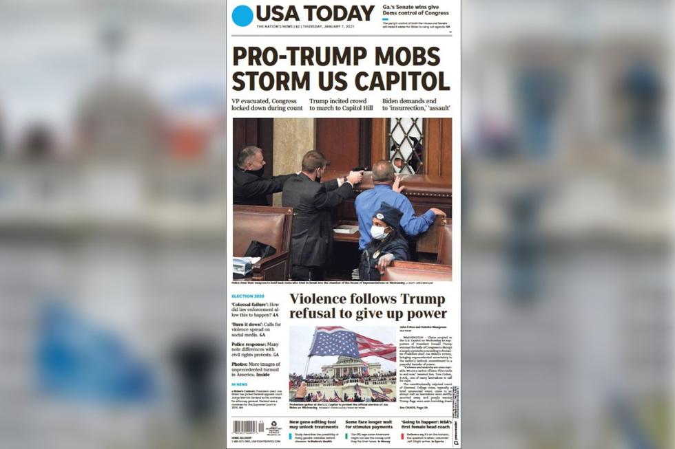 "USA Today" colocó en primera plana que partidarios de Donald Trump asaltaron el Capitolio de Estados Unidos.  Incluso, resaltó que el mandatario incitó a la multitud a marchar hacia el lugar donde se realizaba una sesión para certificar la victoria de Biden. (Foto: USA TODAY).