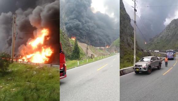 Cierran Carretera Central por incendio de convoy de camiones con combustible. (Captura: videos Twitter)