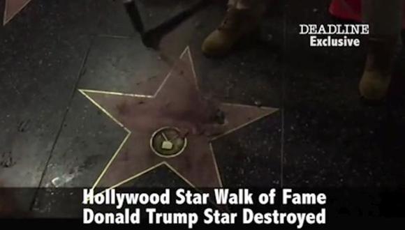 La estrella en el pasillo de la fama de Hollywood con el nombre de Donald Trump fue destruida con un pico. (TMZ)