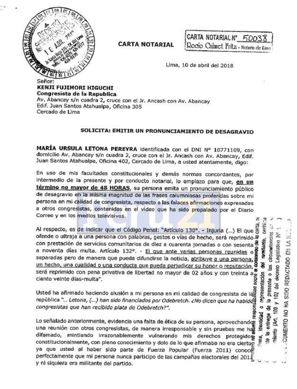 Úrsula Letona envió carta notarial a Kenji Fujimori y le 