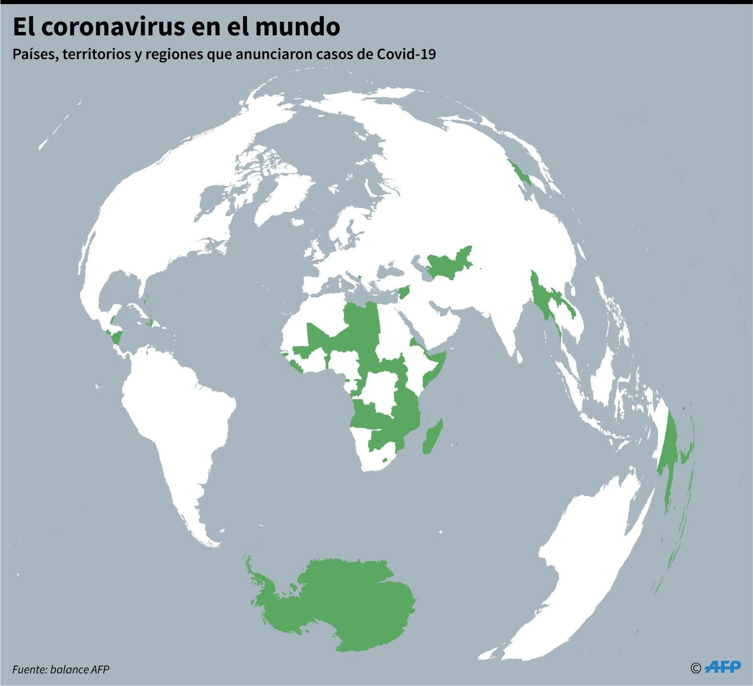 Mapa con los países que aún no declararon casos del nuevo coronavirus, al 14 de marzo. (AFP).