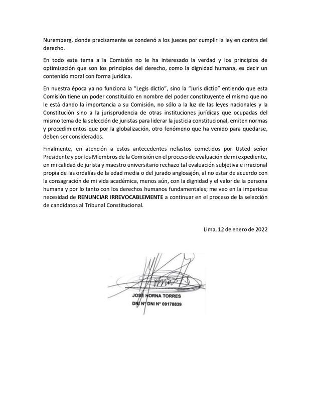 TC: Lawyer José Horna resigns to continue in the process of evaluating candidates