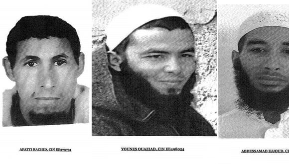 Una combinación de imágenes realizadas por la policía de Marruecos muestra a Rachid Afatti, Ouziad Younes y Ejjoud Abdessamad, sospechosos del asesinato de dos excursionistas escandinavos. (Foto: AFP)