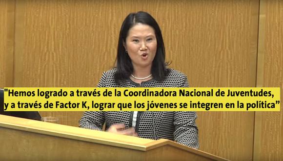 Keiko Fujimori reconoció que el colectivo Factor K forma parte de Fuerza Popular. (Captura/YouTube)