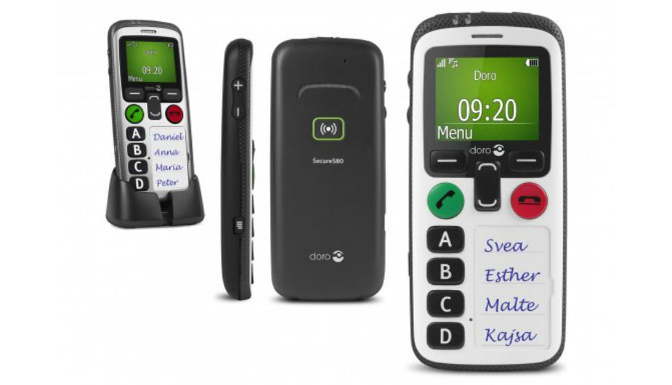 Doro Secure 580: Es un smartphone que dispone de solo cuatro teclas de marcación rápida que te ponen en contacto con cuatro personas al pulsarlas. Además, posee un botón de alerta que te permite mandar un mensaje a una persona durante una emergencia. (Doro)