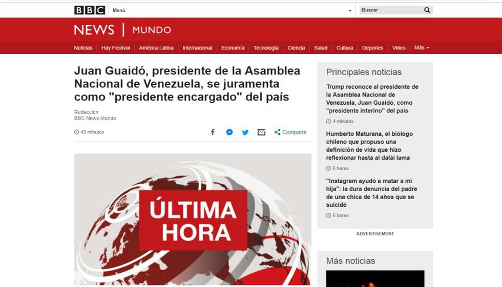 Así informó BBC Mundo la autoproclamación de Juan Guaidó como presidente interino de Venezuela. (Foto: Internet)