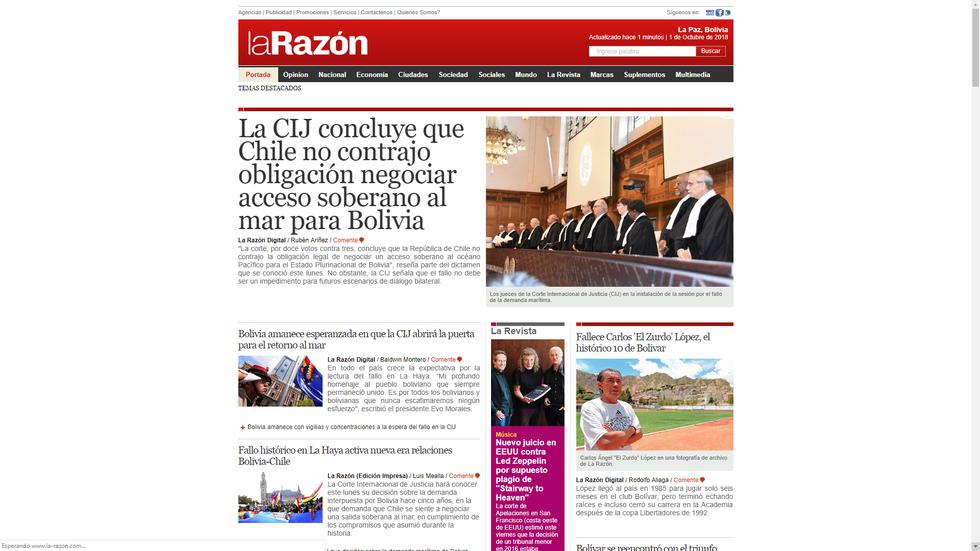 El diario La Razón tituló "La CIJ concluye que Chile no contrajo obligación a negociar acceso soberano al mar para Bolivia".