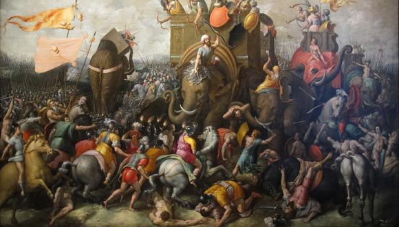 Batalla entre romanos y cartagineses. Óleo sobre tela de Cornelis Cort, 1570. Museo Pushkin, Moscú.