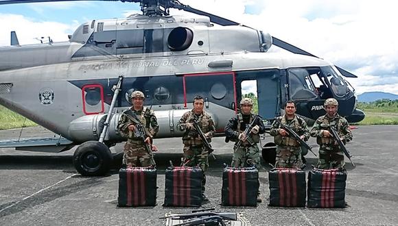 Se presentó hoy en la Comisaría Sectorial PNP Utcubamba, en Bagua Grande, los 203 kilos de alcaloide de cocaína hallados por la Policía Nacional.