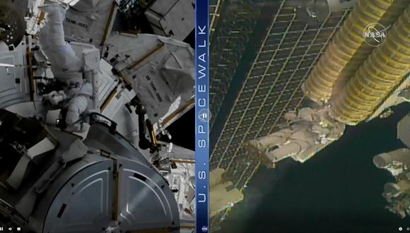 Esta captura de TV de la NASA muestra al astronauta estadounidense Shane Kimbrough (izq.) y al astronauta de la ESA (Agencia Espacial Europea) Thomas Pesquet (der.) realizando los trabajos de mejoras en la Estación Espacial Internacional. (Cortesía / NASA TV / AFP)