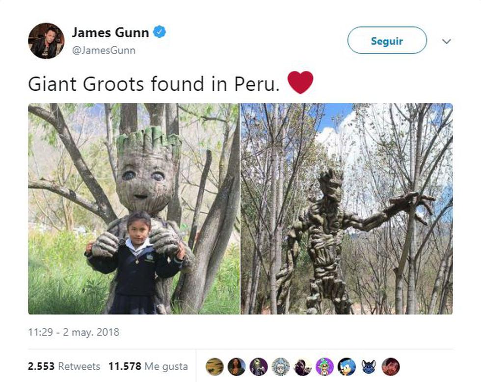 James Gunn, director de 'Guardianes de la Galaxia', encantado con 'Groot' cusqueño. (Twitter)