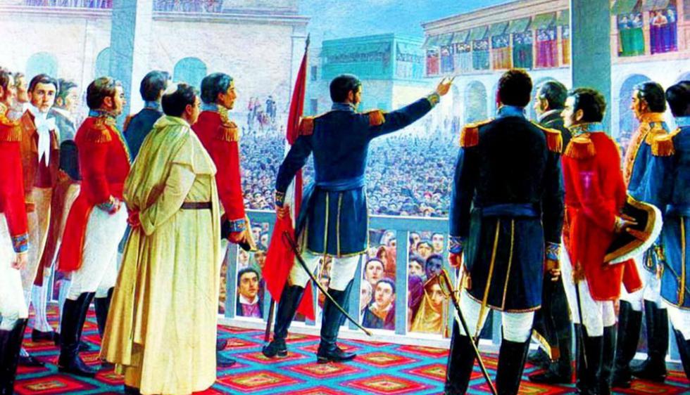 La primera bandera nacional del Perú fue desplegada, por primera vez como símbolo patrio, en la Plaza Mayor de Lima el 28 de julio de 1821 durante la proclamación de la independencia. José de San Martín dijo las siguientes palabras: &quot;Desde este momen