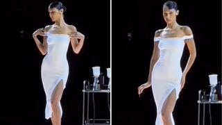 Bella Hadid cautiva con vestido creado con aerosol en plena pasarela