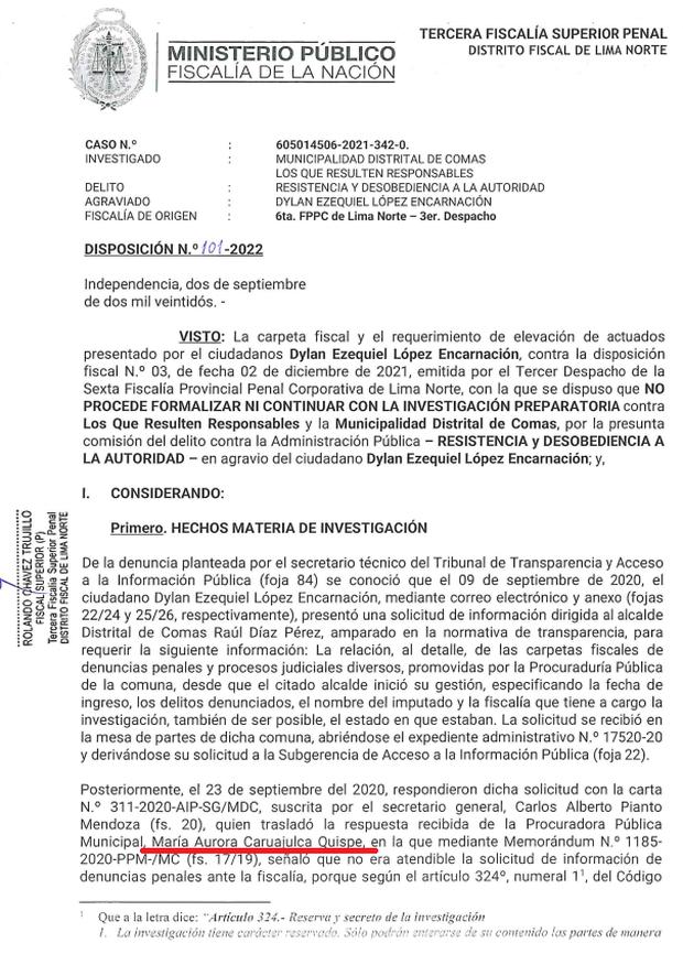 Disposición fiscal que reabre investigación contra María Caruajulca.