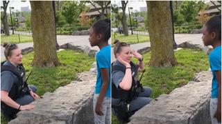 Policía calma a una niña que empezó a llorar al verla acercarse: “no todos somos malos”
