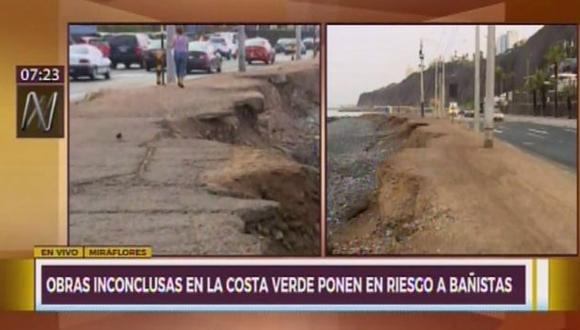 Obras inconclusas en el nuevo malecón Costa Verde ponen en riesgo a visitantes. (Captura: Canal N)