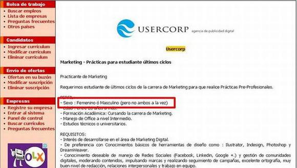 Agencia de publicidad Usercorp difunde aviso que discrimina a transexuales. (Perú21)