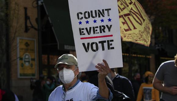 Manifestantes frente al Centro de Convenciones de Pensilvania piden que se cuenten todos los votos. (Kena Betancur / AFP)