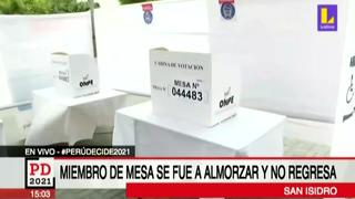 Miembro de mesa se fue a almorzar y no regresó a su centro de votación en San Isidro