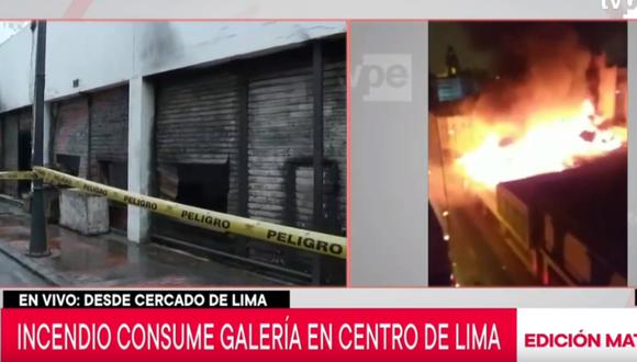 El siniestro se reportó la noche del último sábado en varios locales ubicados en los los jirones Huallaga y Azángaro. (Foto captura: Tv Perú Noticias)