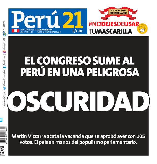 El Congreso sume al Perú en una peligrosa oscuridad. (Impresa 10/11/2020)