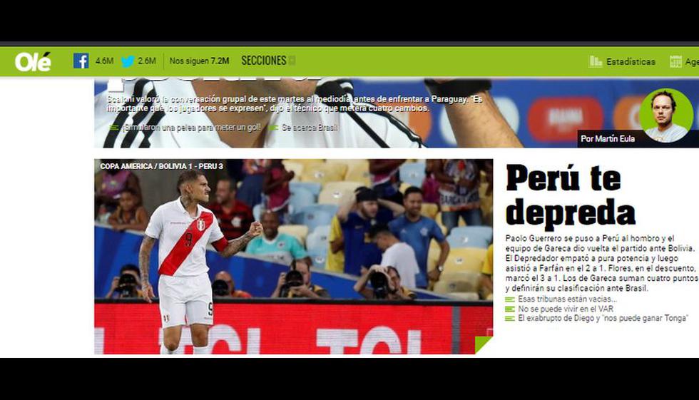 Así informaron los medios internacionales sobre la victoria por 3-1 de Perú sobre Bolivia en la Copa América 2019.