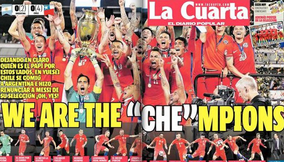 Chile Campeón: El diario popular La Cuarta tituló así: 'We are the &quot;che&quot;mpions. (La Cuarta)