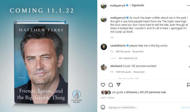Matthew Perry revela la portada de su libro autobiográfico, donde hablará  de sus adicciones Friends, Lovers and the Big Terrible Thing Celebs RMMN, ESPECTACULOS