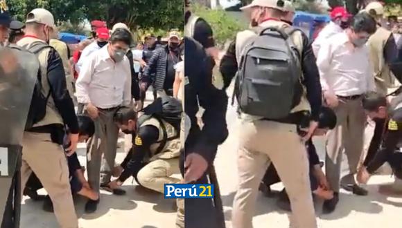 Pedro Castillo humilla a la Policía Nacional y hace que agentes le amarren los zapatos. (Twitter)
