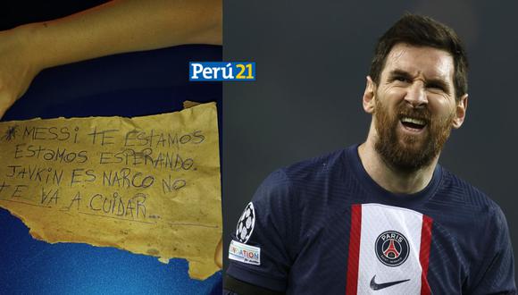 Lionel Messi y el escrito que dejaron en la puerta del supermercado baleado de su esposa (Composición Perú 21, foto: EFE).