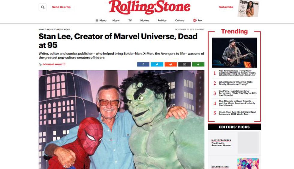 Stan Lee: Así informó la prensa internacional su muerte a los 95 años. (Foto: RollingStone).