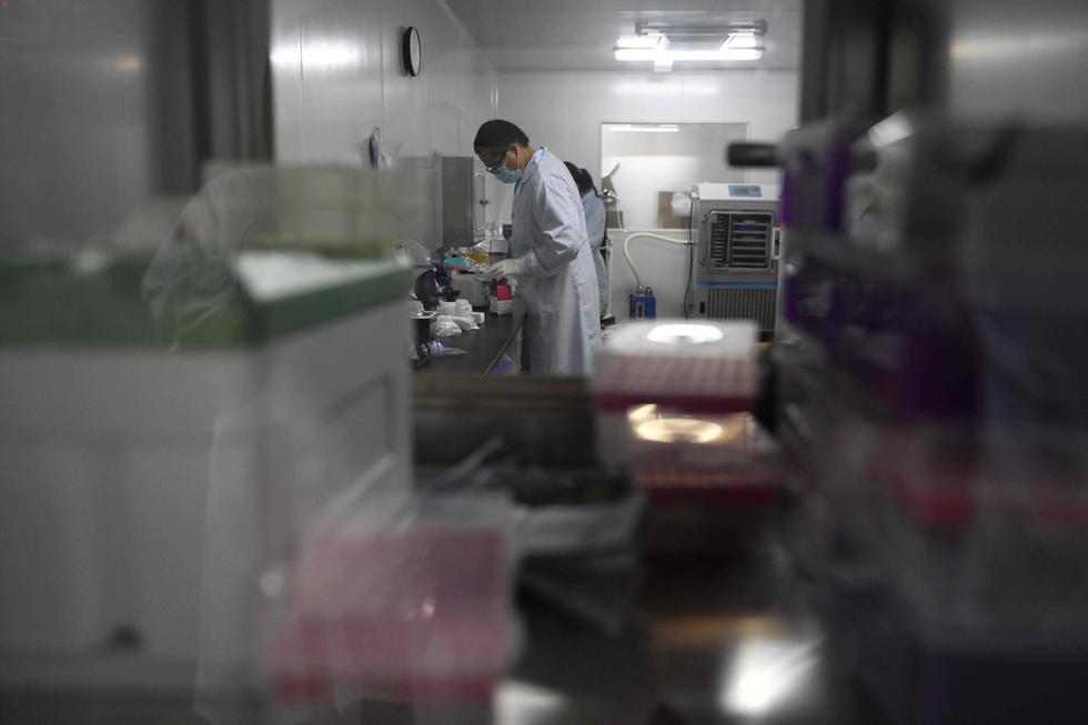 Imagen muestra a técnicos en un laboratorio de investigación y desarrollo de la empresa de biotecnología china Coyote, que desarrolló el Flash 20, una máquina de prueba para el coronavirus en Beijing. (AFP / GREG BAKER).