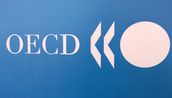 OECD logo taken 23 May 2006 in Paris during a press conference.      AFP PHOTO JEAN AYISSI (Photo by JEAN AYISSI / AFP)