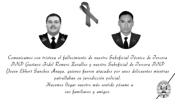 Policía Nacional lamentó el fallecimiento de dos policías durante persecución a delincuentes. (Facebook Policía Nacional del Perú)