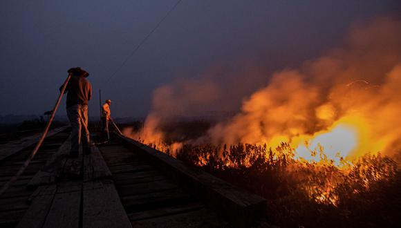 Bomberos y voluntarios intentan apagar el fuego en la localidad de Porto Jofre, localizado en el municipio de Poconé, estado de Mato Grosso (Brasil). Los incendios ya han devastado un 22% de las catorce millones de hectáreas del Pantanal brasileño, el mayor humedal del mundo que es compartido con Paraguay y Bolivia. (Foto: EFE / Carlos Ezequiel Vannoni)