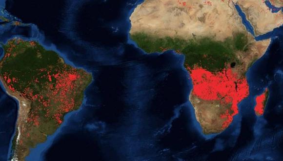 Solo en Angola y el sur de la República Democrática del Congo (RDC) había más de 10.000 fuegos activos, frente a los 2.127 del país sudamericano. (Nasa)