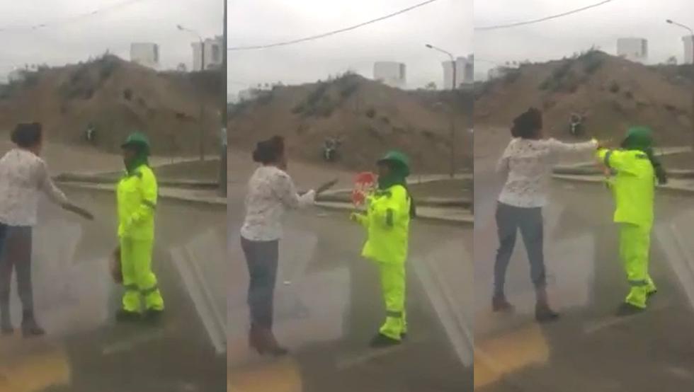 Arequipa: Mujer humilla con insultos racistas y agrede con un palo a una trabajadora de tránsito. (Captura)