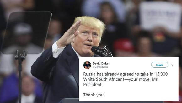 Después de que Trump se pronunciara en Twitter, Duke decidió retuitearlo acompañado de un texto en el que le agradecía su actitud, al tiempo que lo exhortaba a actuar. (Foto: EFE/Twitter)