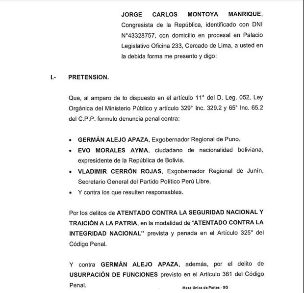 Denuncia de Jorge Montoya contra Evo Morales, Vladimir Cerrón y Germán Alejo.