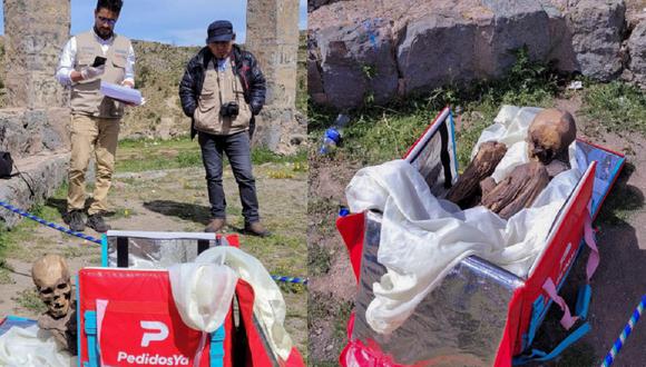 Esta imagen muestra una momia encontrada dentro de una nevera portátil utilizada por un trabajador del servicio de entrega en Puno, Perú. (Foto: Puno TV / AFP)