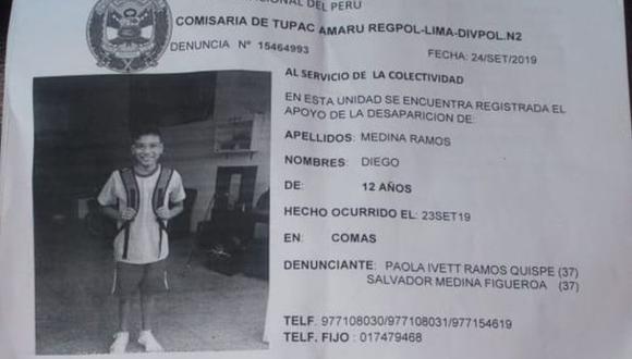 El menor fue identificado como Diego Medina Ramos. (Foto: PNP)