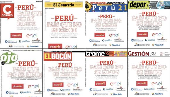 Portadas de los diarios nacionales se unieron en una sola voz e hicieron un llamado a todos los peruanos a no rendirse en medio de la crisis por el COVID-19 en Perú. (GEC)