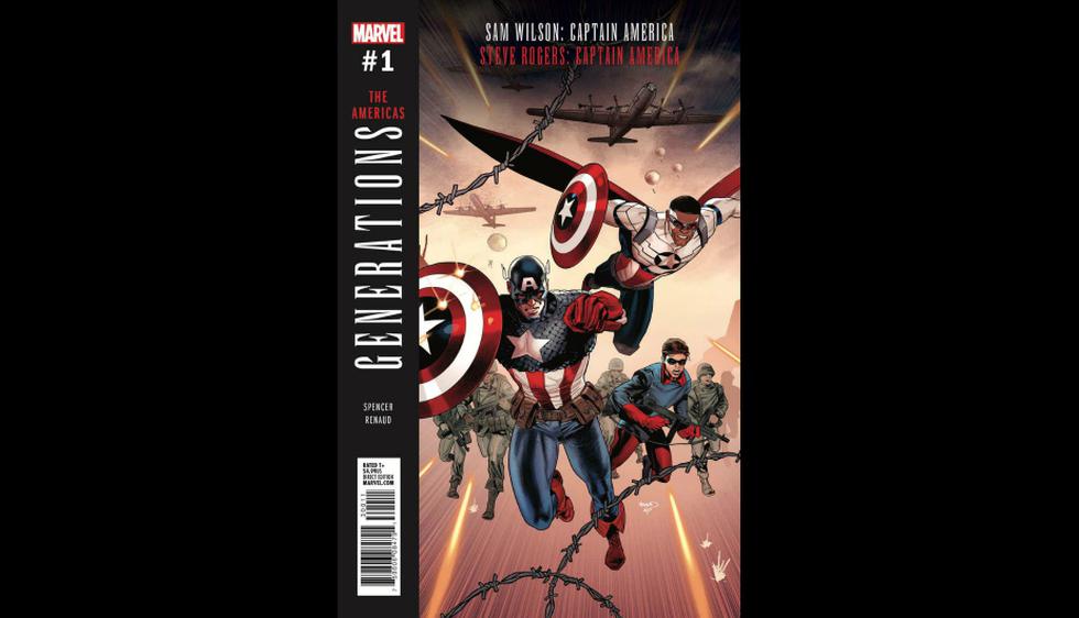GENERATIONS: THE AMERICAS protagonizada por Steve Rogers: Capitán América y Sam Wilson: Capitán América. Escrita por Nick Spencer y dibujos de Paul Renaud.
