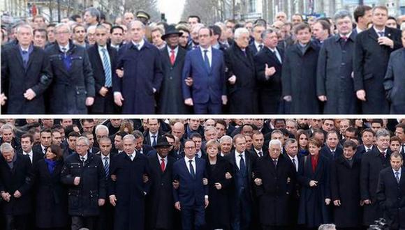 Foto fue editada para borrar a las mujeres presentes en la marcha de París del domingo. (Zeitung)