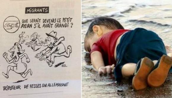 Indignación por caricatura de Charlie Hebdo sobre el niño sirio ahogado Aylan Kurdi. (Internet).