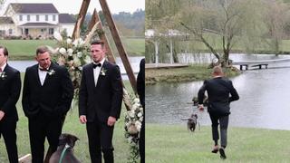 Perro invitado a una boda se salta la sesión de fotos para zambullirse en un lago